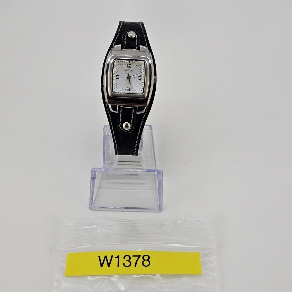 Relic Women's Watch 26mm Gray Dial Black Leather‎ Cuff Band New Battery
